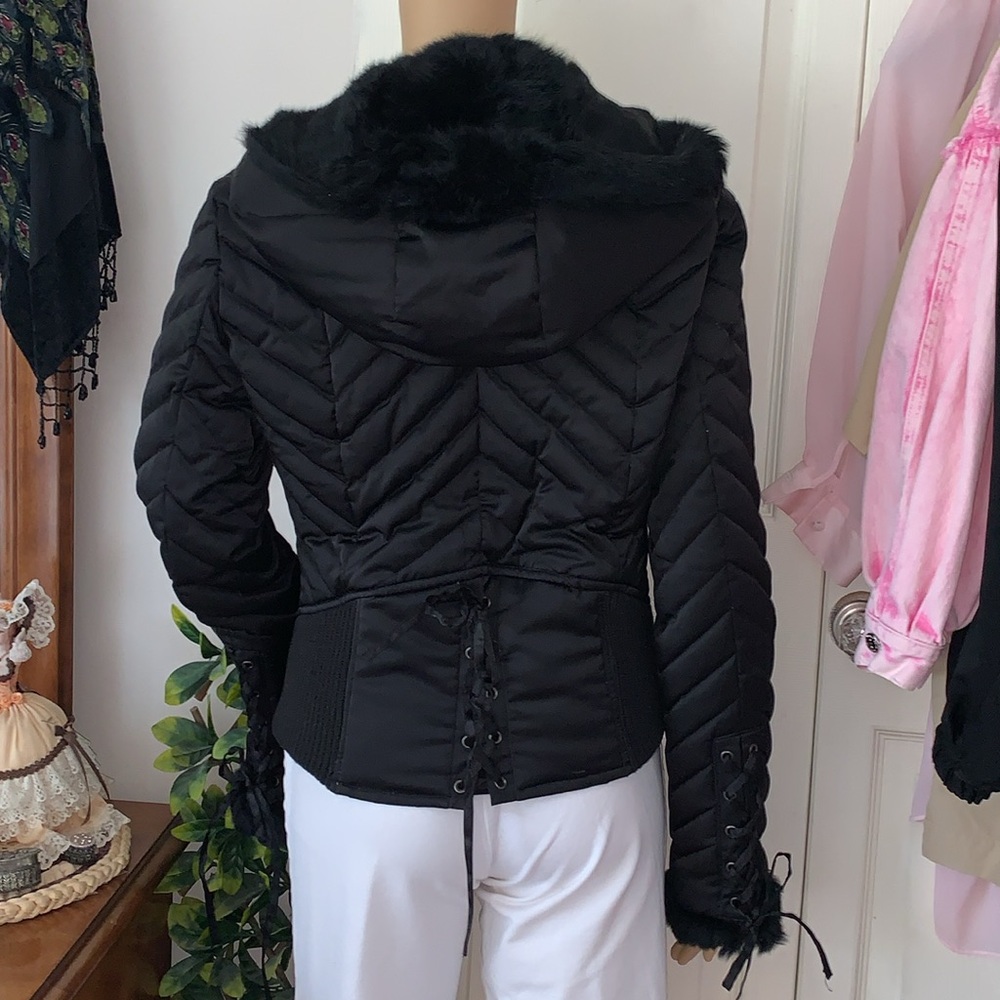 Bebe RARE Y2K Lace Up corset HOODED DOWN Fill Genuine Rabbit FUR jacket M🇨🇦 - Picture 3 of 15